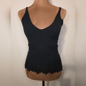 Black Crochet Knit Tank Top – Boho Scalloped Hem Camisole – One Size